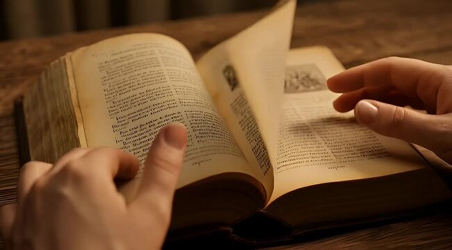Close up of a weathered ancient book with a hand turning pages