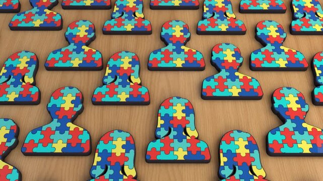 3D video animation Illustration of autism puzzle people icons pattern on wooden background