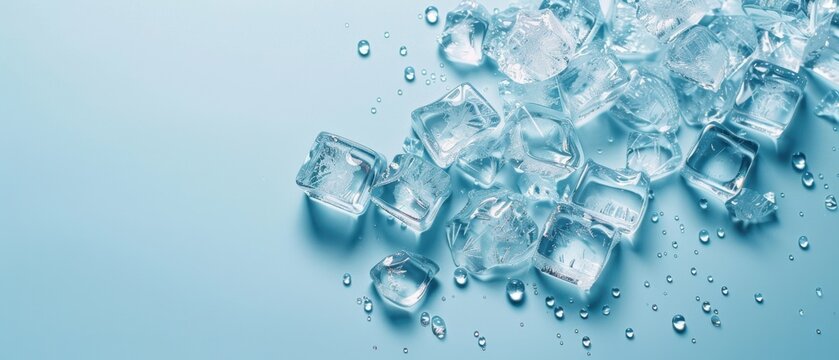 Sparkling clear ice cubes and water droplets scattered on a smooth light blue background. Refreshing cold beverage concept banner with ample copy space