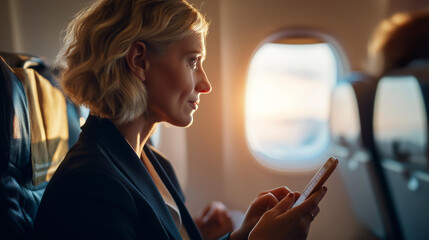 Wide bright airplane cabin scene of a faceless businesswoman from behind in a window seat holding a smartphone and looking out at the aerial view through the cabin window warm