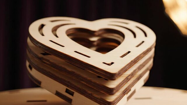 Close Up of Stacked Laser Cut Wooden Heart Layers