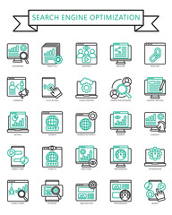 Search Engine Optimization dual tone outline color icons pack. contain dashboard, analytics, audience, backlink, campaign, click action, cloud, research, writing and more. Vector for UI, UX kit.