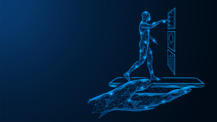 Mobile application and data management. The hand holds a smartphone, on the surface of which a digital person stands and interacts with a virtual interface.  Polygonal design, blue background. © Ilya