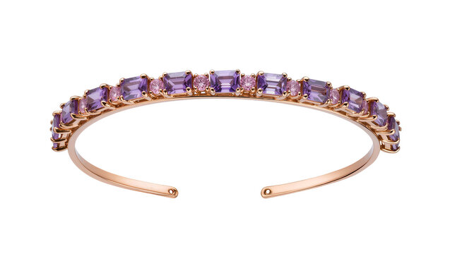 Elegant rose gold open cuff bracelet, adorned with purple amethyst and pink tourmaline gemstones, isolated on transparent background