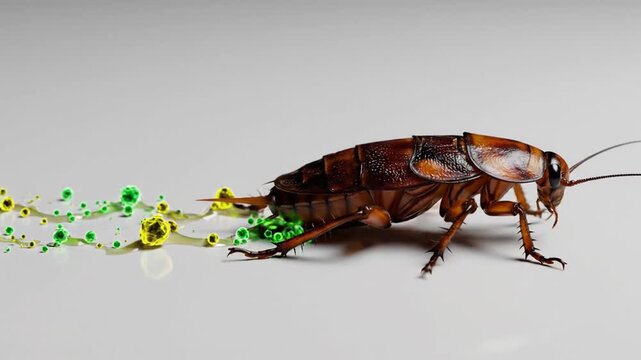 Cockroach with green and yellow particles emanating from its rear end, signifying potential disease spread