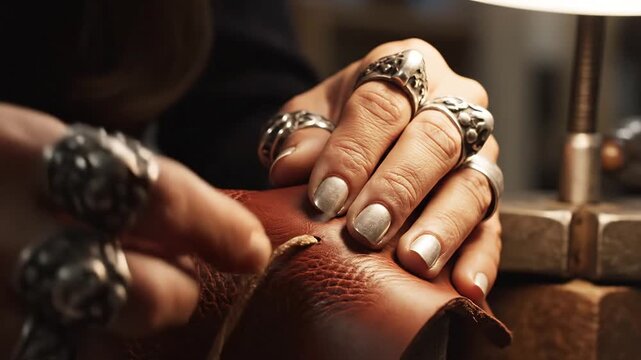 Close up of artisan's hands stitching leather with needle and thread in a workshop.