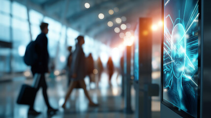 Naklejka premium Abstract bright visualization of a futuristic biometric check in kiosk at a modern airport terminal a vivid digital facial recognition scanning animation displayed on the kiosk