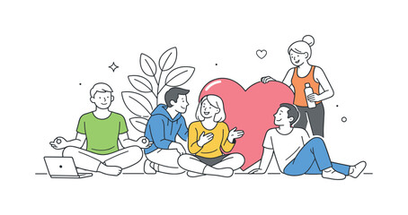 People improving personal wellbeing and stress management during a calm wellness moment, a small group of characters gathered around a large heart symbol placed beside a leafy