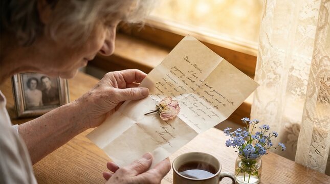 Elderly woman recalls cherished memories. She reflects on past with gentle tearfulness