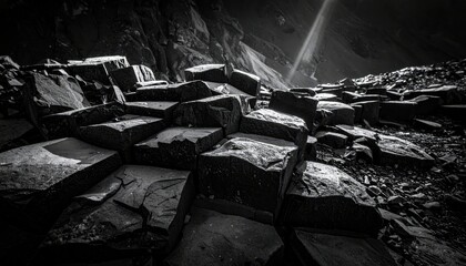 Jagged broken pieces of dark weathered stone forming a rough unforgiving natural texture outdoors