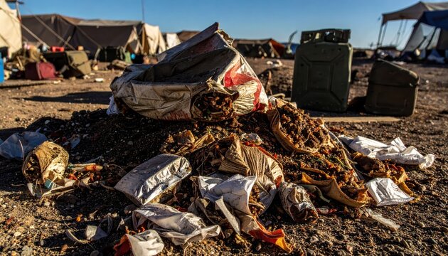 Pile of Discarded MRE Wrappers and Food Scraps Accumulated in an Outdoor Camp Setting