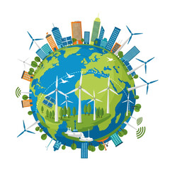 Obraz premium Green Earth Cityscape with Wind Turbines and Solar Panels: Sustainable Future Concept