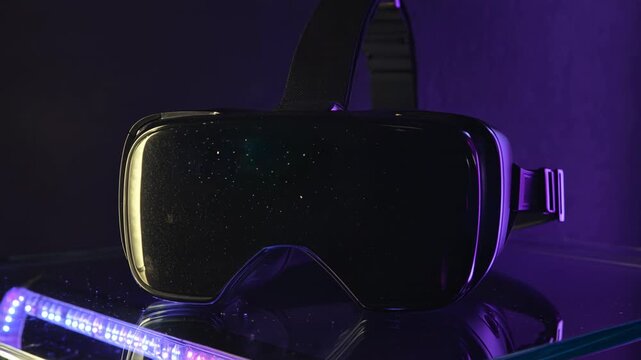 Modern VR headset with glowing lenses in immersive gaming technology environment