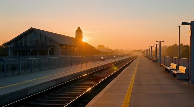 Golden sunrise train station platform, empty railway tracks at dawn, cinematic morning light over suburban transit hub, peaceful commute concept