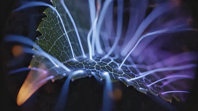 Electric Discharge Lichtenberg Figure Branching on Green Leaf Dark Background