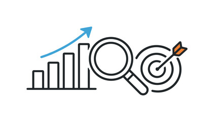 Business performance tracking and strategic growth monitoring in a modern digital environment, a simple upward bar chart placed beside a magnifying glass and a small target symbol