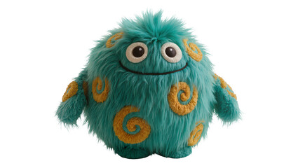 Adorable fluffy teal monster plush toy with yellow spiral patterns and big eyes, isolated PNG on transparent background, a friendly creature for kids © Cian