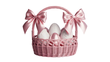 Pink wicker basket with eggs and ribbons isolated on transparent background