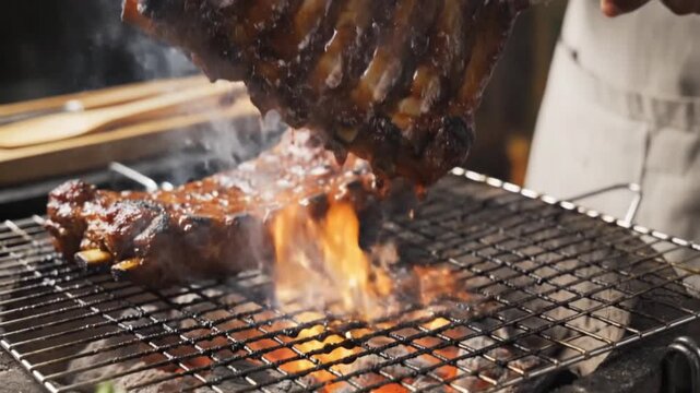 Grilling Ribs Over Flames on Outdoor Grill Footage &ndash; Appetizing BBQ Scene