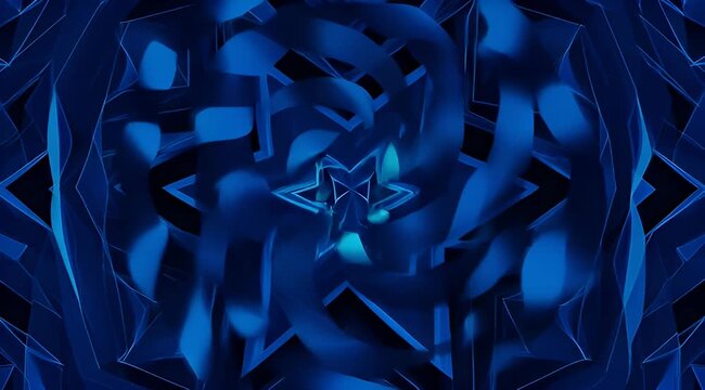 Abstract blue geometric kaleidoscope background, futuristic dark sapphire crystal patterns, seamless looping motion graphic for club visuals