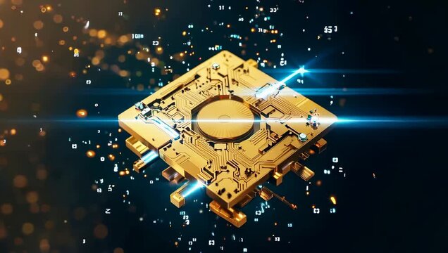 Advanced quantum computing chip with blue energy pulses and microscopic circuitry details