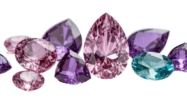 Collection of sparkling faceted gemstones, including pink, purple, and teal colors, isolated PNG on transparent background, perfect for jewelry design and luxury concepts