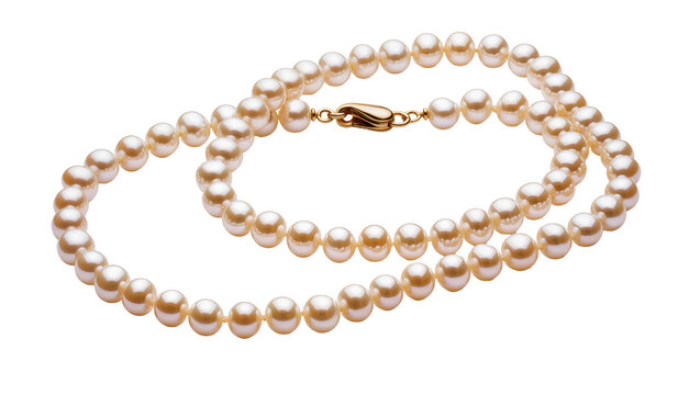 Elegant creamy pearl necklace with a golden clasp, beautifully arranged and isolated PNG on transparent background, luxury jewelry item