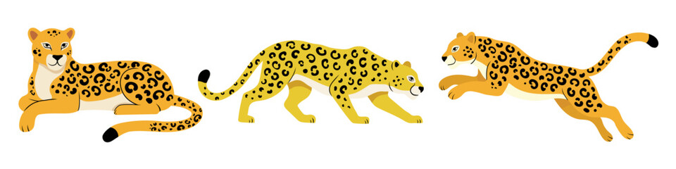 Set with three leopards in different poses, resting, walking, and jumping. Wild animal collection © Tetianka