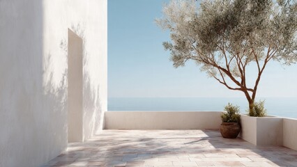 Fototapeta premium Minimalist White Mediterranean Terrace with Olive Tree and Sea View