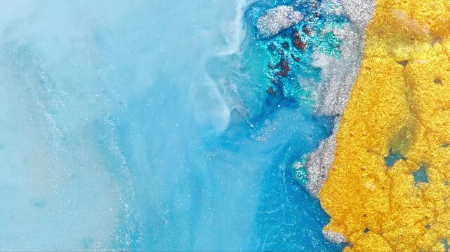 Blue and Gold Abstract Resin Art Texture With Glitter and Metallic Accents, Fluid Paint Close-Up