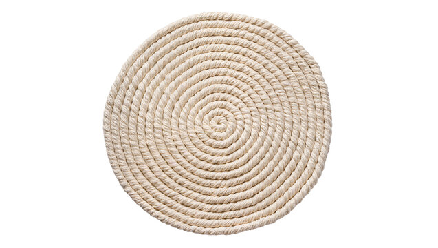 Circular coiled natural fiber rope mat, beige woven spiral pattern isolated on transparent background, rustic home decor element PNG