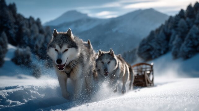 Snowy Mountain Sled Dog Racing Team Sprinting Across Winter Landscape