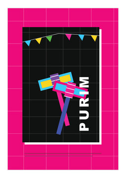 Purim holiday poster template with traditional grogger noisemaker and colorful bunting. Jewish festival celebration vector design for party flyer.