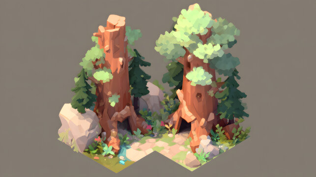 2.5D isometric mid-poly handcrafted stylized giant redwood trees, massive ancient forest trees, fantasy board game terrain tokens, extremely tall trunk, thick bark texture, majestic scale, stylized