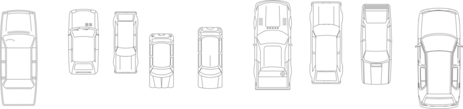 Technical architectural plan view drawing showing various vehicle types including sedans, SUVs, vans and trucks in different sizes for parking design and site planning.