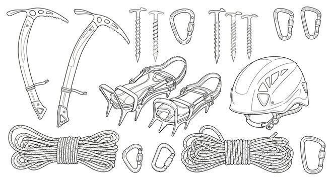 Line drawing of climbing gear including rope, carabiners, helmet, and harness laid out for training and safety.