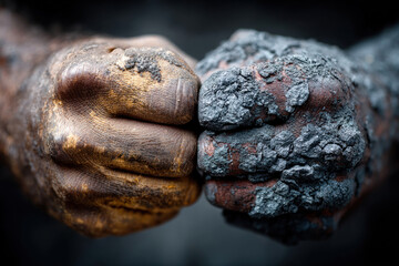 Obraz premium Powerful close-up of two clenched fists colliding, one covered in dirt and earth, the other coated with coal or ash. 