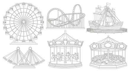 Fototapeta premium Collection of Classic Amusement Park Rides including Ferris Wheel, Roller Coaster, Carousel and Ship Swing.