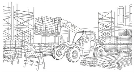 Line drawing of construction site with heavy machinery, scaffolding, and developing infrastructure at a worksite.