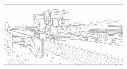 Line drawing of road construction with heavy machinery on a worksite.