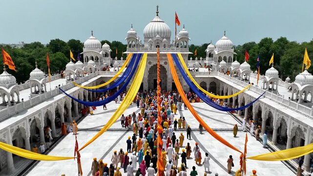 A wide-angle shot captures a large crowd of sikh devotees celebrating baisakhi at a beautifully decorated white gurdwara in india under a bright sky.