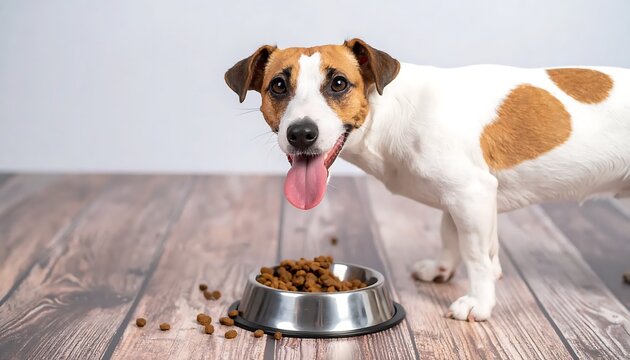 Hungry dog eating from metal bowl.