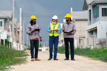 Fototapeta premium Civil engineer and construction worker manager holding digital tablet and blueprints , talking and planing about construction site. Cooperation teamwork concept.