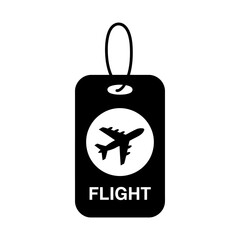 Black luggage tag with airplane icon and flight text