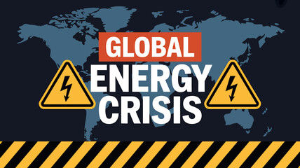 Global energy crisis warning signs and world map on dark background