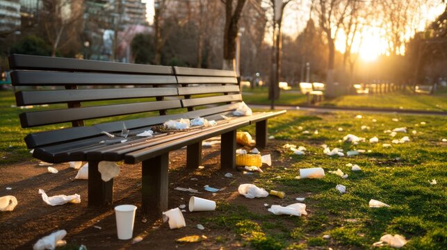 Garbage Surrounds Empty Bench in Public Park After Crowded Weekend