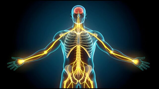 Anatomical Illustration of the Human Nervous System and Skeleton, Highlighting Nerve Pathways