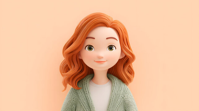 3D memoji style avatar, young girl with red hair, clean 3D rendering, soft pastel colors, pastel background, head and shoulders view