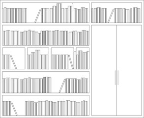 Technical architectural elevation drawing showing built-in bookshelf with multiple shelves filled with books and sliding cabinet doors for storage. © Riki