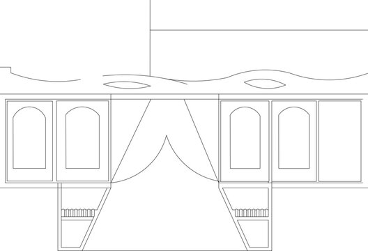 Technical architectural elevation drawing showing bedroom built-in cabinetry with arched panel doors, storage compartments and draped canopy bed design.